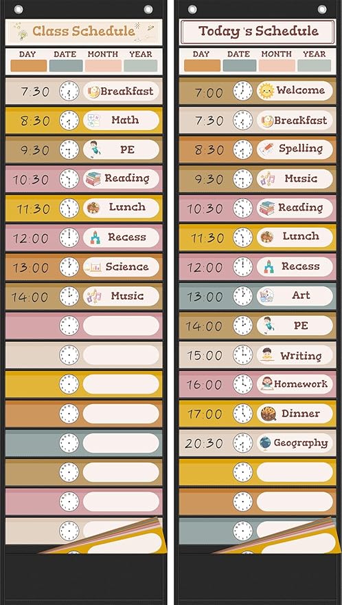 18+1 Pockets Daily Schedule Pocket Chart, Classroom Visual Schedule for Kids with 24 Double Sided Reusable Cards, Classroom Pocket Chart for Office Home Preschool Daily Use, Boho Black