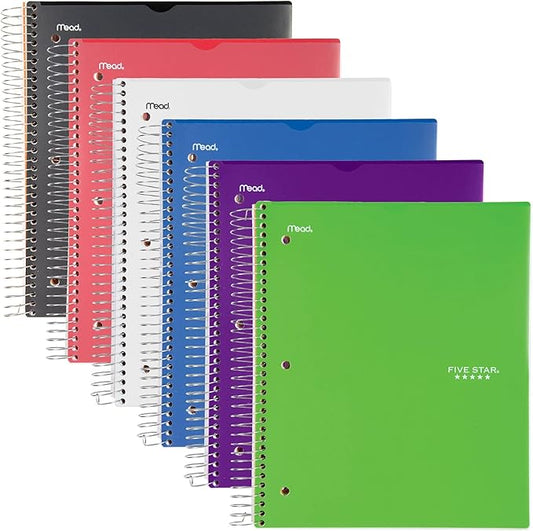 Mead Five Star Notebook + Study App - 5 Subject Notebook College Ruled - Water Resistant Customizable Cover - Spiral Notebook 8.5 X 11-200 Sheets - Assorted Colors - 6 Pack