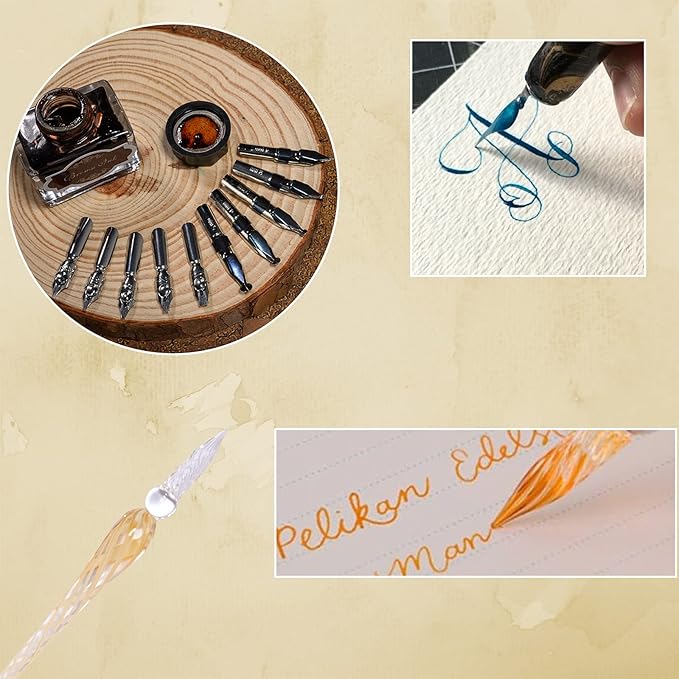 Calligraphy Pen Set，Vintage Fountain Wooden Glass Dip Pen Ink Writing Pen with 8 Colors of Ink 10 Types of Replaceable Nibs 2 Pen Holders Exquisite Present for Beginners