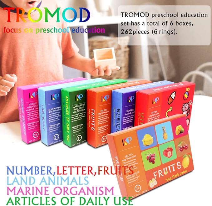 262 Pcs Preschool Toddler Flash Cards Set,Kids Flash Cards,Sight Words Cards Gifts for Kids Numbers,Land Animals,Ocean Animals,Fruit,ABC 6 in 1 Set