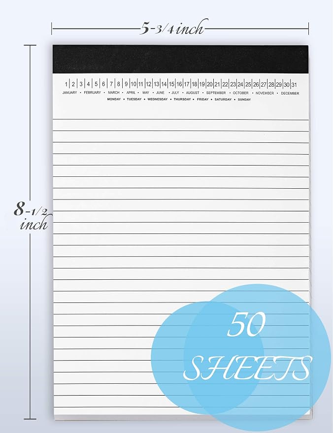 Mymazn Small Legal Pads 5-3/4"x 8-1/2" Notepad with Date on Top, 50 Sheets, 6 Pack, White Lined Paper Mini Memo Pads, College Ruled Writing Pads for Office School