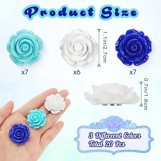 20 Pcs Rose Fridge Magnets, 1.1 Inch Cute Flower Fridge Magnets, 3D Colorful Refrigerator Decorative Magnet for Whiteboard Locker Cabinet (Blue-3 Colors-Rose)
