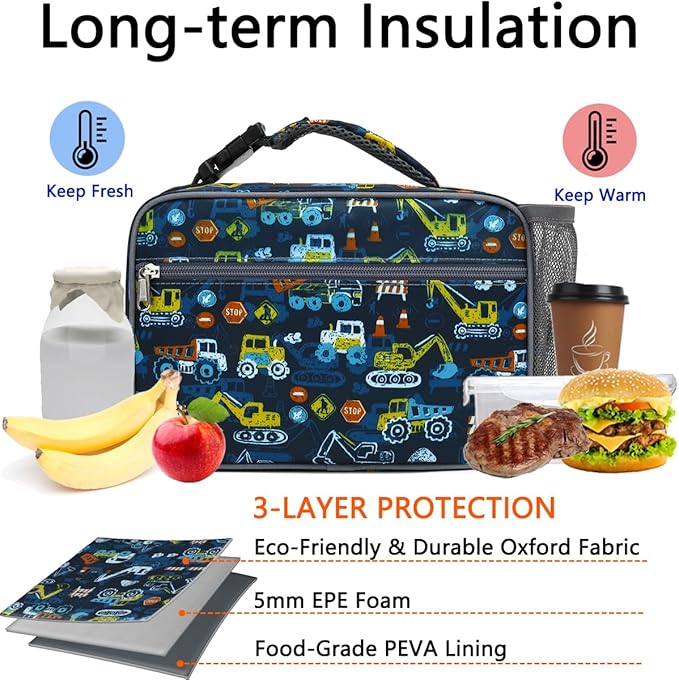 GYEUKHAM Insulated Lunch Box for School, Thermal Reusable Durable Freezable Lunch Bags for Kids Boys Girls Men Women - Small Soft Cooler Portable Lunch Tote Kit for Work Picnic Travel,Excavator