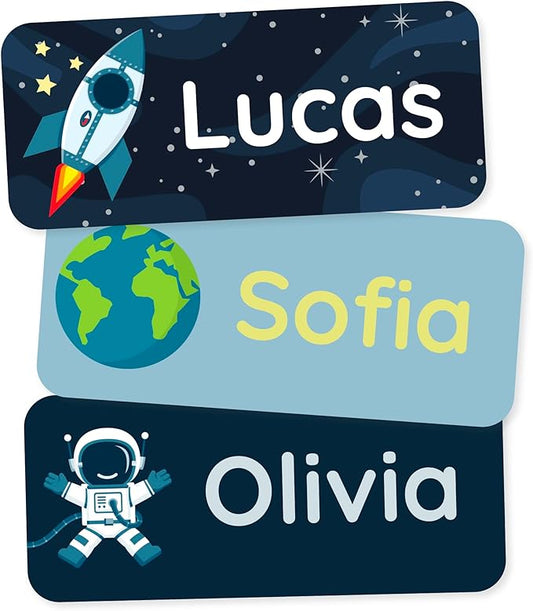Personalized Name Labels for Kids (180) – Custom Waterproof & Durable Stickers for Clothing, Daycare, Office & School Supplies - Space