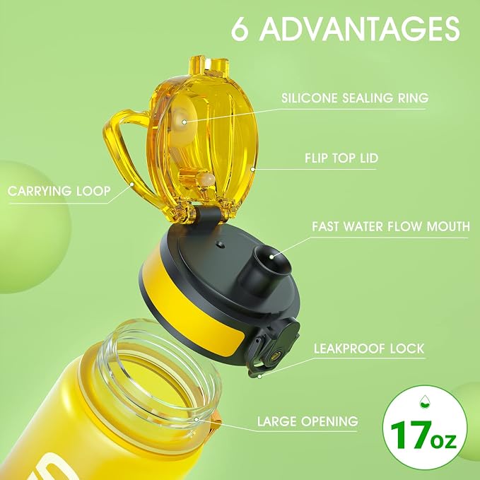 Sahara Sailor Water Bottle 17oz, Tritan Sports Bottle with Time Marker | Bpa Free, Leakproof Wide Mouth With Fast Flow Lid And Cleaning Brush, For Gym School Office Travel, 1 Count