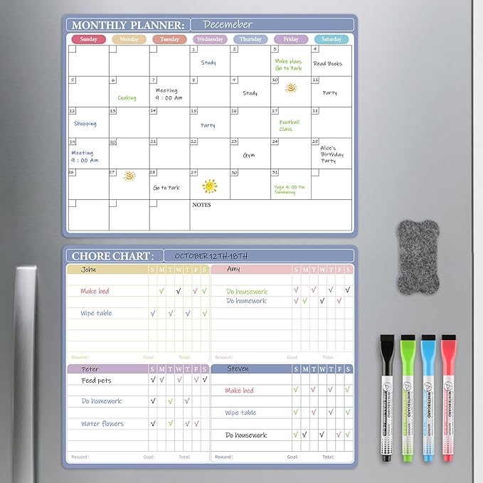 MaxGear Magnetic Calendar for Refrigerator, 16x12 Monthly Dry Erase Fridge Calendar Whiteboard with Stain Resistant Surface, No Ghosting, Reusable Planning Board with 4 Markers and 1 Eraser