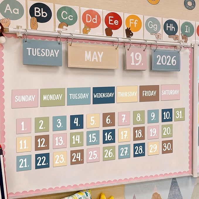 TecUnite Boho Flip Calendar Bulletin Board Set with Set 54 Cards Morandi Adjustable Flip Calendar for Classroom Preschool Graduation Gift Back to School Supplies