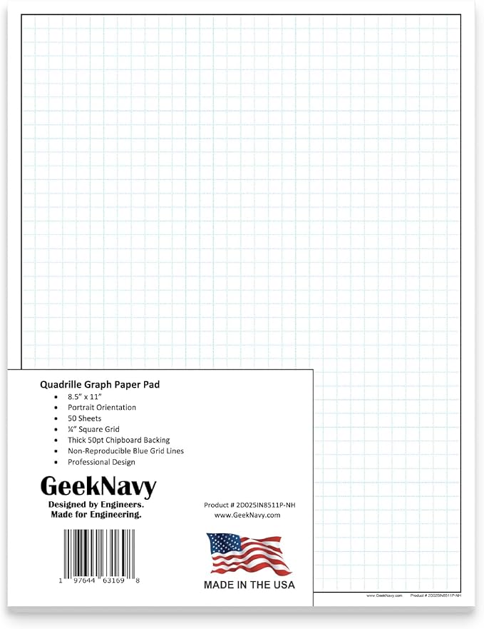 GeekNavy 8.5" x 11" Quadrille Graph Paper 50 Sheets Portrait - 0.25" 4x4 Square Grid, Blueprint, High Brightness, Border-Outlined, Drafting (1-Pack)