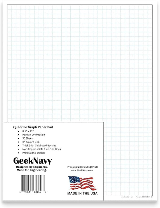 GeekNavy 8.5" x 11" Quadrille Graph Paper 50 Sheets Portrait - 0.25" 4x4 Square Grid, Blueprint, High Brightness, Border-Outlined, Drafting (1-Pack)