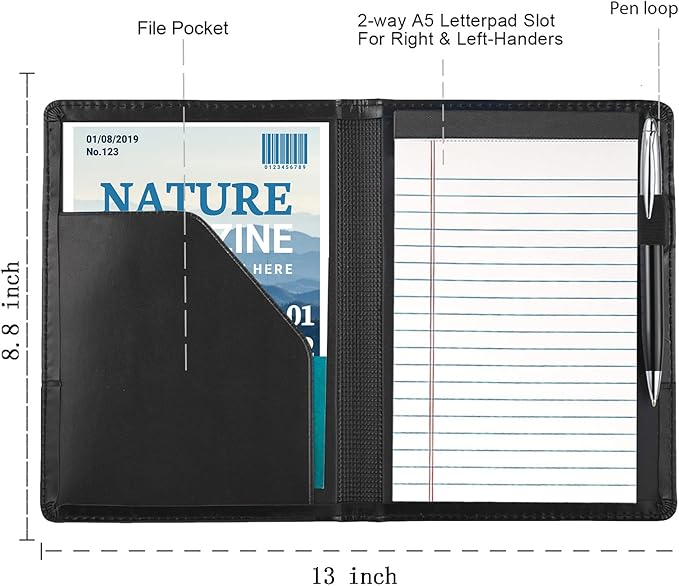 Gorbado Padfolio/Portfolio Binder, Mini Padfolio Portfolio Binder 5 x 8 Legal Writing Pad, A5 Document Organizer Folder for Men Women, Black.