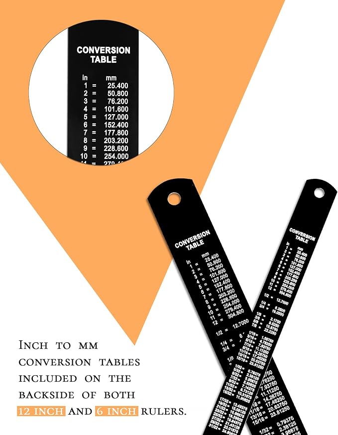 Metal Ruler 12 Inch and 6 Inch with Metric Scales Millimeter, Centimiter, and Conversion Table, Easy to Read Straight Edge Starts at 0, Stainless Steel Rule for School and Office, 2 Pack