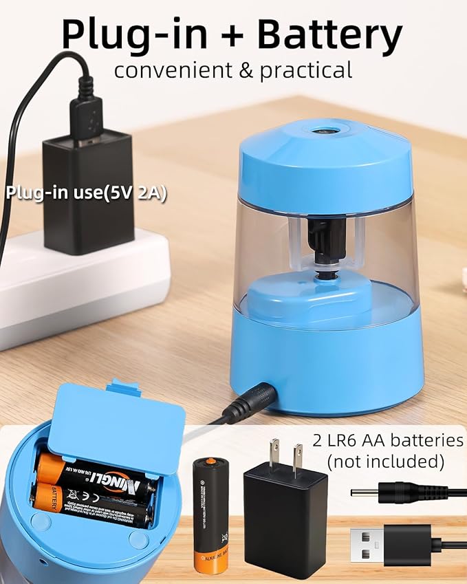 ZMOL Electric Pencil Sharpener Battery Operated Power Kids for Colored & Jumbo Pencils No.2/(6-12mm) - Safe & Easy Use Plug in Portable with (AC Adapter,USB, Battery) for Classroom/Office/Home Blue