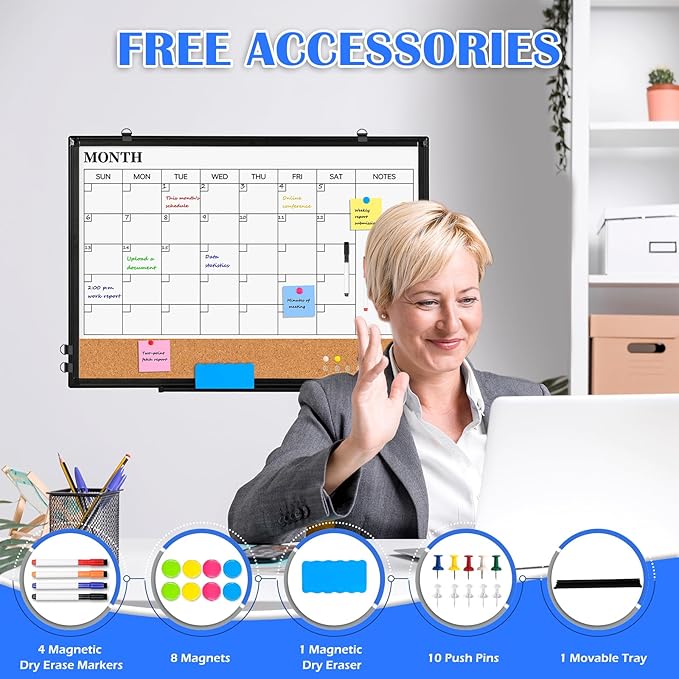 Monthly Calendar Whiteboard Dry Erase Cork Board Combo, 24" x 18" Magnetic Double-Sided Calendar White Board and Bulletin Board with Black Aluminium Frame, Portable Whiteboard for Office, Home, School