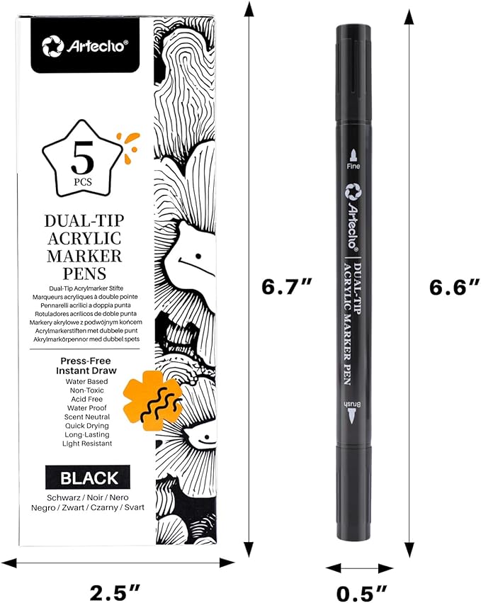Artecho Dual Tip Acrylic Paint Pen Black 5pcs set-Fine Tip and Brush Tip for Stone, Rock Painting, Paper, Pumpkin, Wood, Egg, Canvas, Ceramic, Fabric, leather, Glass, DIY Crafts