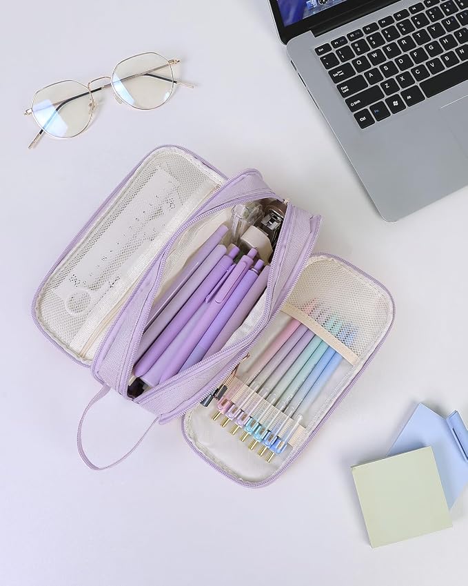 SKYDUE Large Capacity Pencil Case with Handle, 3 Compartment Canvas Pencil Pouch, Cute Soft Color Pencil Bag for Pens, Markers, Aesthetic Stationery and Organizer for Teen Girls Adult, Purple