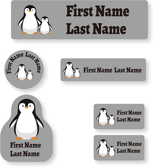 Personalized Kids Name Labels – Waterproof Custom Stickers for Daycare & School, Dishwasher & Laundry Safe (Grey Penguin)