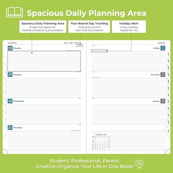 Planner 2026-2027 Daily Weekly and Monthly,11.5"x8.5",18 Months Spiral Bound Calendar Agenda with Self-adhesive Pen Holder,2026 Academic Plan with Vegan Leather Soft Cover,Wasabi Green