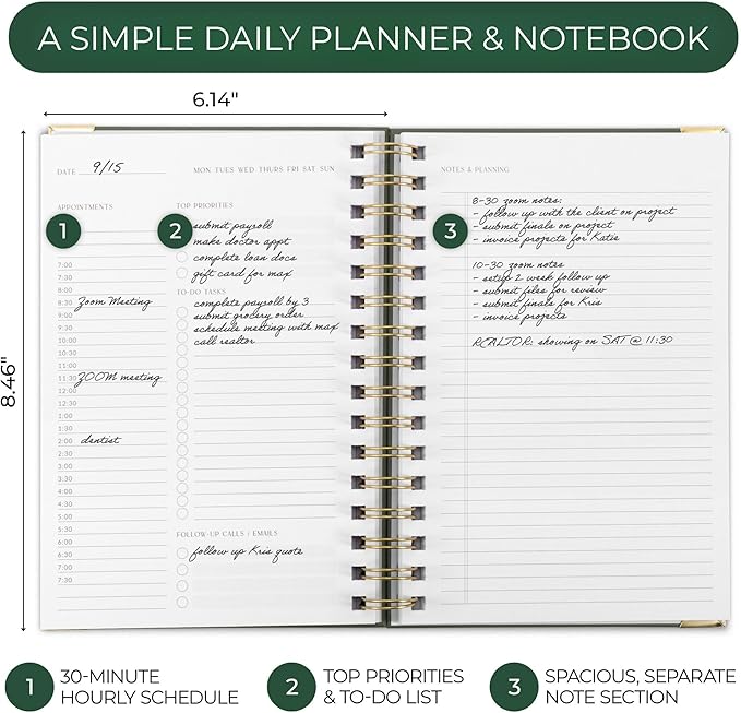 Aesthetic Daily Planner And Notebook With Hourly Schedule - Beautiful Spiral To do List Notepad For Work/Home to Organize Tasks And Appointments - Stylish School/Office Supplies Book For Women