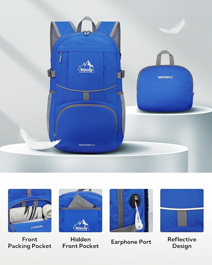 WATERFLY Hiking Packable Daypack Backpack: 25L Ultra Lightweight Day Pack for Women Men - Small Compact Folding Back Pack for Outdoor Sport Cycling Camping Travel Trip - Blue