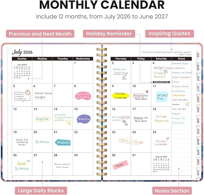 Planner 2026-2027, Academic Planner Weekly and Monthly, Jul 2026 - Jun 2027, Spiral Bound School Planning Tool with Tabs and Pocket, Perfect for Students & Teacher, 6.3" x 8.5", Windmill Fields