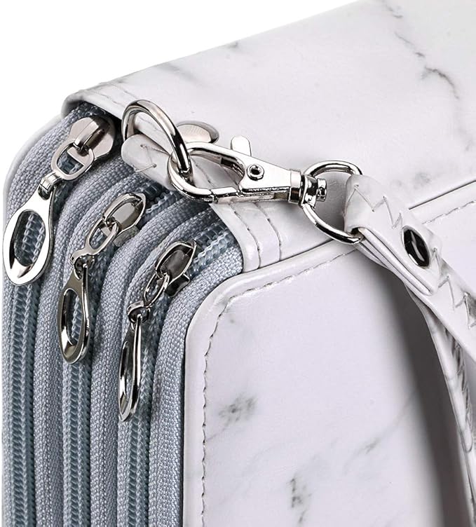 BTSKY Deluxe PU Leather Pencil Case For Colored Pencils - 120 Slot Pencil Holder with Handle Strap Handy Colored Pencil Box Large(White Marble)