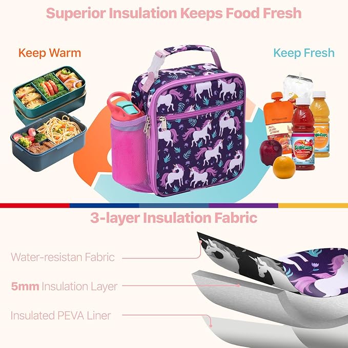 Bagseri Kids Lunch Box for Girls - Insulated Toddler Lunch Bag Fits Bento Box, Reusable Daycare Cooler Tote with Clip Handle, Water-Resistant Lining, Deep Purple Unicorn