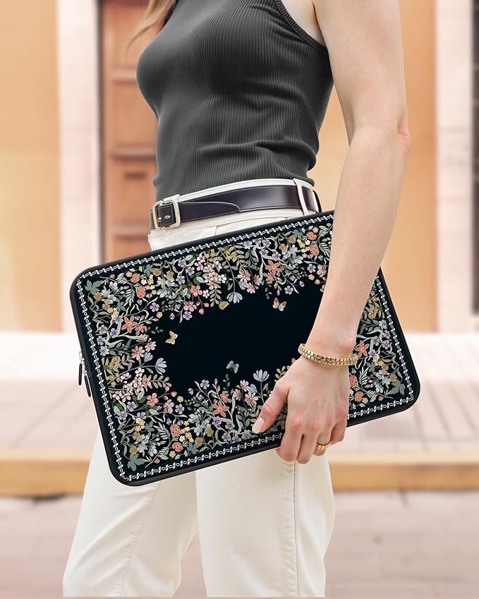 iCasso Laptop Sleeves 13 inch,Retro Laptop Carrying Case Black,13-13.6 inch Computer Sleeve Bag Compatible with MacBook Neo/Air/Pro 13-14 Sleeve, HP Dell ASUS Lenovo Chromebook Notebook,Flowers