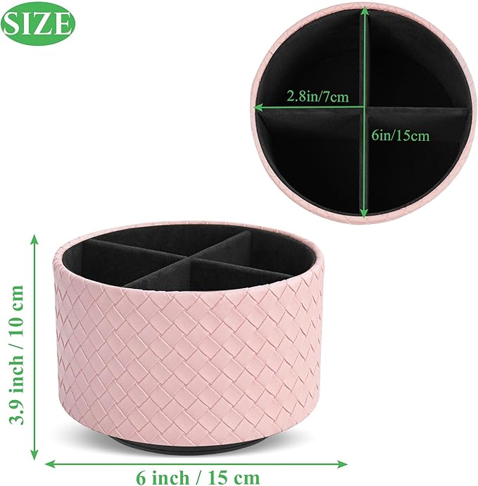 Round Leather Art Supply Organizer,Remote Control Holder,360 Degree Spinning,Multi-Functional Pencil Holder,4 Compartments Desktop Stationary Organizer(1-Weave Pink)
