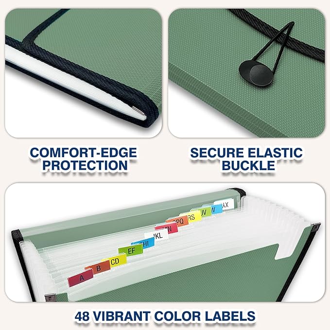 H4D 13-Pocket Accordion File Organizer with Mesh Pocket, Expanding File Folder with Tabs, Expandable Document Organizer for Home Office School, Letter Size, Sage