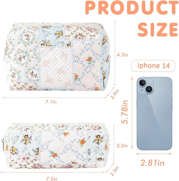 URSKYTOUS 2Pcs Cotton Quilted Makeup Bag for Women Girls Coquette Small Floral Cosmetic Bags Cute Zipper Pencil Pouch Aesthetic Makeup Pouch Trendy Cloth Bee&Flower Travel Toiletry Skincare Bag