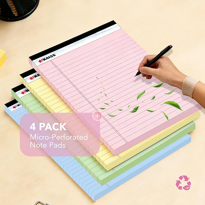KAISA note pads Colored Legal Pad Writing Pads 8.5x11 inch, Wide Ruled, 40 Sheets/Pad, 20lb Colored Paper, Perforated Writing Pad with Sturdy Back (4 Pads), KSU-5972
