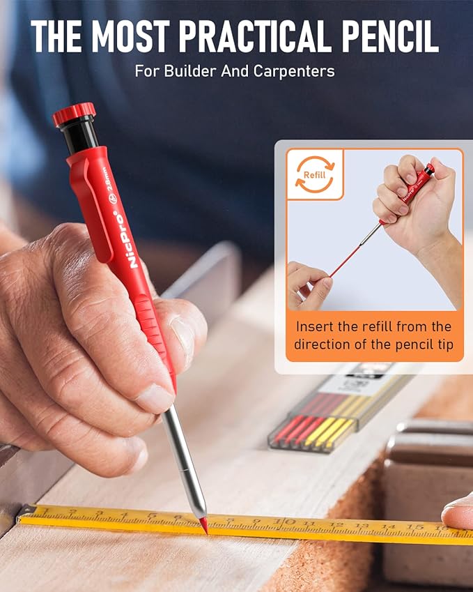 Nicpro 6 Pack Carpenter Pencil with Sharpener,Mechanical Pencils Set 54PCS Refills(Black,Red,Yellow,Blue,Green,White) Deep Hole Marker Construction Heavy Duty Woodworking -With Case