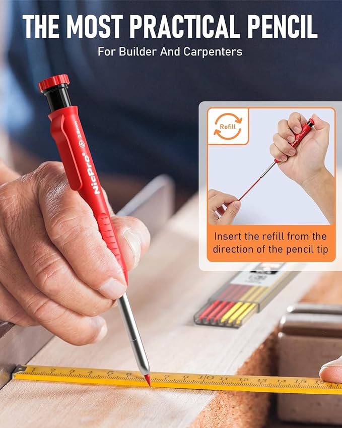 Nicpro 1 Pack Carpenter Pencil with Sharpener, 2.8 mm Mechanical Pencils with 13 Refills, Deep Hole Marker for Construction, Heavy Duty Woodworking Pencil, Carpenter Tools for Architect Marking