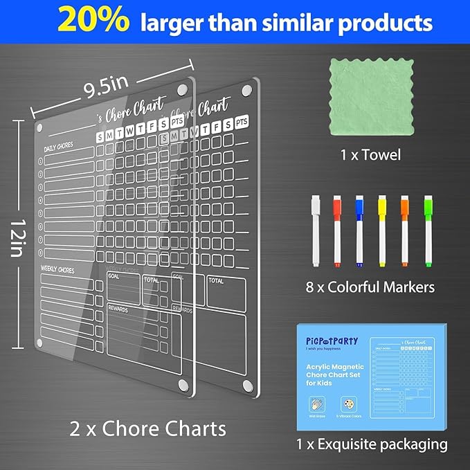 PigPotParty Acrylic Magnetic Chore Chart for Kids, 2 Pack 12 x 9.5 Inch Reward Chart for Multiple Kids and Teens, Dry Erase Chore Board for Fridge, Embedded Magnets, 8 Wet Erase Markers and 1 Towel