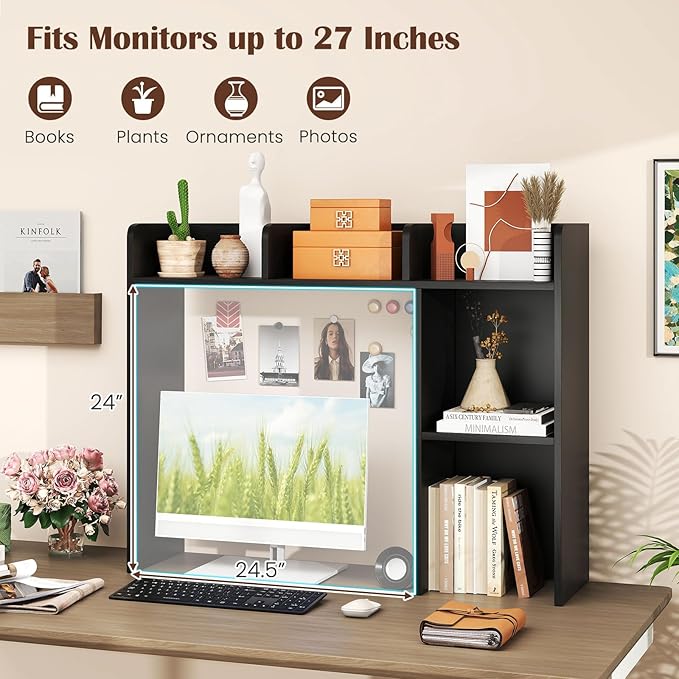 Giantex Desktop Bookshelf, Wood Desk Hutch Organizer for 27 Inch Computer Monitor, Countertop Storage Display Rack with 5 Shelves, Multipurpose Desktop Shelf Bookcase for Dorm Office Home, Black
