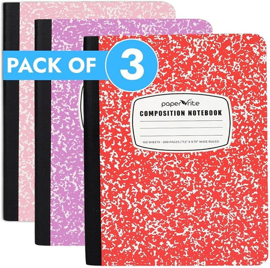 Assorted Marble Composition Notebook Wide Ruled (9.75x7.5 in), 100 Sheets | 200 Pages | For School, Office, Students, Teachers (3, Pink-Red-Lightpink)