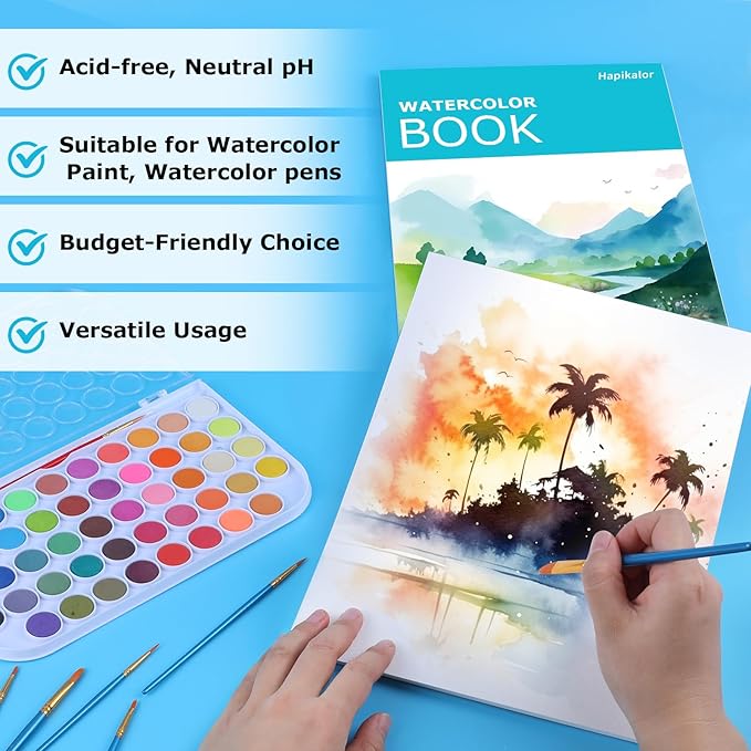 Hapikalor Watercolor Paper Pad, 9"x12" Water Color Paper, 140lb/300gsm Artist Painting Drawing Paper Book, Art Supplies for Adults Kids, Watercolors, Watercolor Paint Set, Sketchbook, Journal, Teal