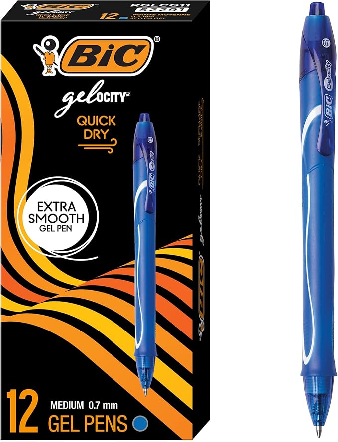 BIC Gelocity Quick Dry Blue Gel Pens, Medium Point (0.7mm), 12-Count Pack, Retractable Gel Pens with Comfortable Full Grip