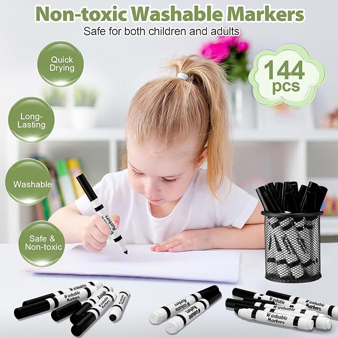144 Pcs Black Washable Markers Bulk Broad Line Markers Set Classic Broad Tip Washable Drawing Pens for Kids, Teachers, Students, Party Favors, School Supplies, Donations