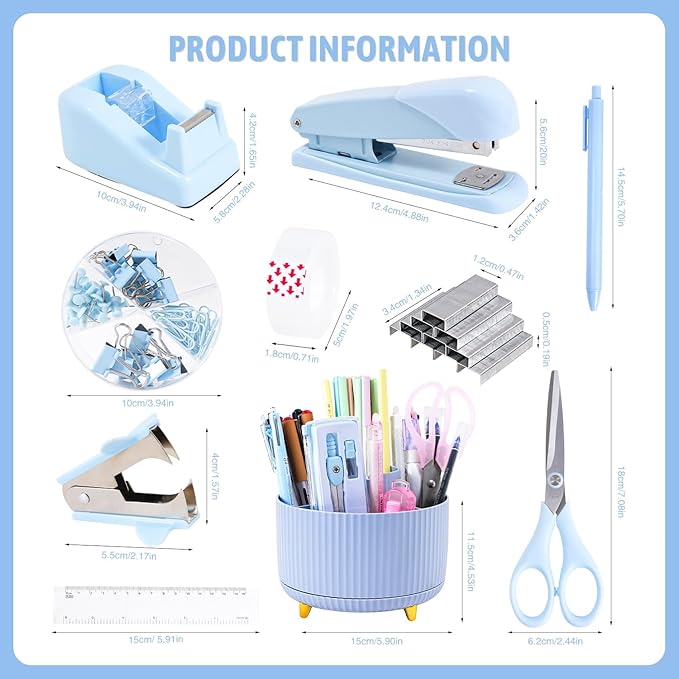 Gawsey Desk Organizers and Accessories Set with 360-Degree Rotating Pen Holder, Tape Dispenser, Stapler, Staple Remover, 1000 Staples, Tape, Clips Set, Ruler, Scissor, Pen (Blue)