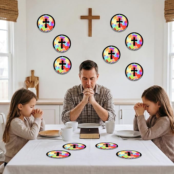 48PCS Sunday School VBS Crafts Bulk: Paper Cross Nativity Suncatchers, Jesus Religious Christian Activity DIY Kits Church Decorations, Window Stained Glass Effect Art Supplies(Round Shape)
