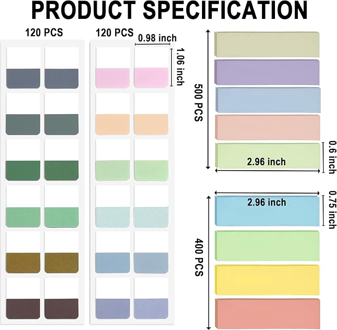 Potanro 1140PCS Sticky Index Tabs, Colourful Tabs for Notebooks, Page Markers Sticky Tabs, Book Tabs, Tabs for School Office, Classroom, Home Meetings