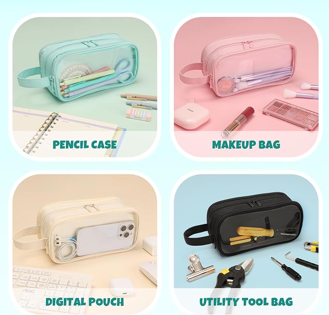 SUNEE Large Capacity Pencil Case with 3 Compartment, Extra Big Pencil Pouch, Pencil Bag with Clear Window, Pen Case School Supplies for Teens Adults Girls Boys, Mint Green