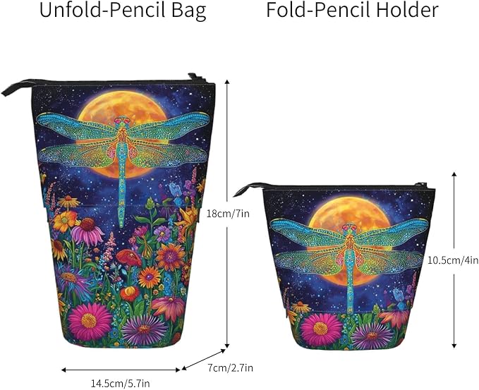 Dragonfly Moon Standing Pencil Case Cute Telescopic Stationary Pouch with Zipper Large Capacity Stand up Pen Bag Portable Makeup Holder for School Office Supplies