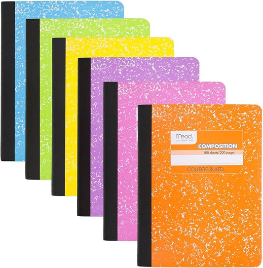 Mead Composition Notebook, College Ruled 7.5" x 9.75" Paper, 100 Sheets, Assorted Colors, 6 Pack (850106-ECM)