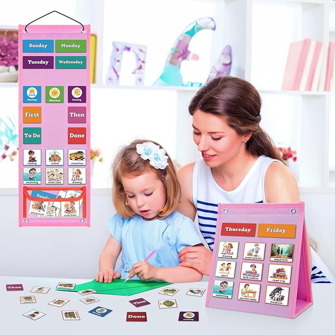 PITCOTT Visual Schedule for Kids Chore Chart，3 in 1 Daily Schedule Board Routine Pocket Chart Cards for Toddlers,Autism Learning Materials Tool Wall Planner for Home School with 103 Cards （Pink）