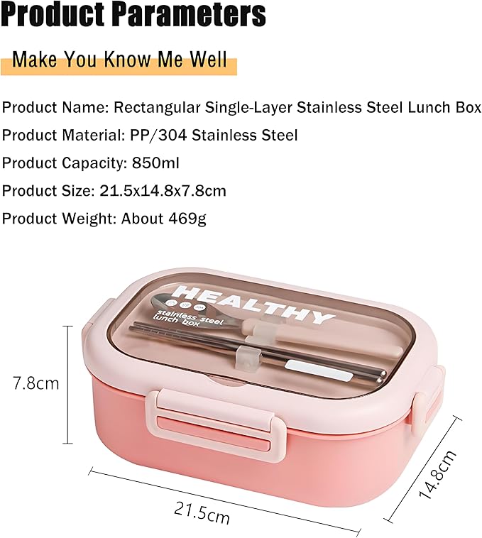 Stainless Steel Lunch Box, 2 Compartment Bento Box for Adults, Easy to Clean, Leak-Proof Design, Food Storage Container with Tableware for Family, Work, Picnics and Travel(850ml, Pink)