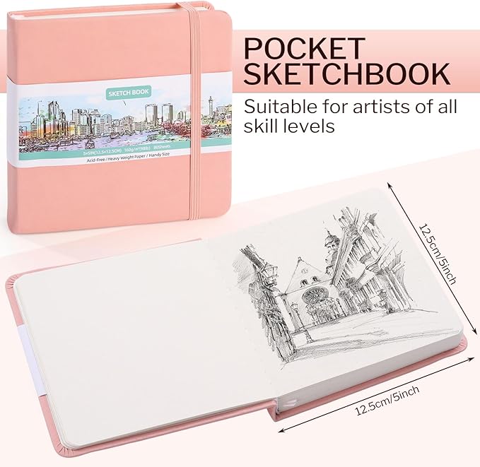 Hardcover Pocket Sketchbook, 5" x 5" Square Mini Sketchbook, 98lb/160gsm Heavyweight Tiny Sketch Book, 80 Sheets Small Travel Drawing Journal for Adults, Artist, Ideal for Gift (Pink)