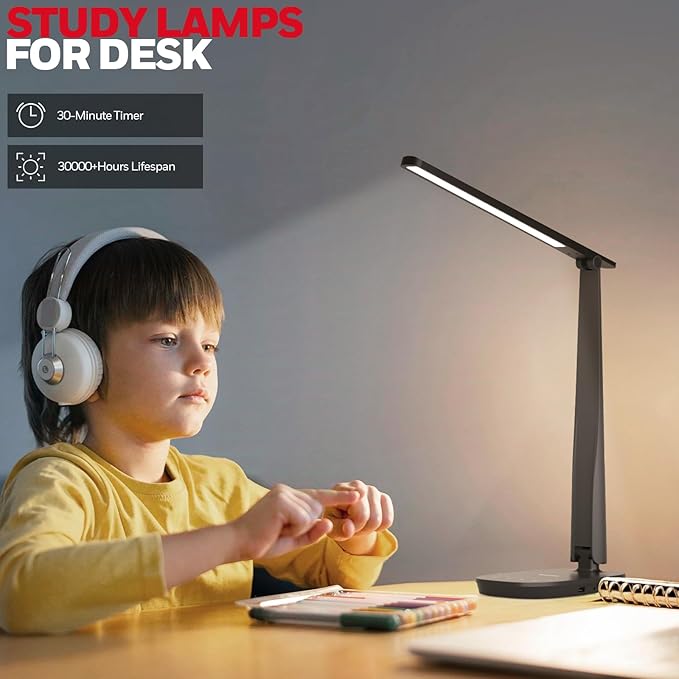 Honeywell LED Desk Lamp for Home Office, Eye-Caring Dimmable Reading Light with 4 Color Modes, Touch Control, USB-A & USB-C Charging Ports, Adjustable Head, Timer for Bedroom & Small Desks