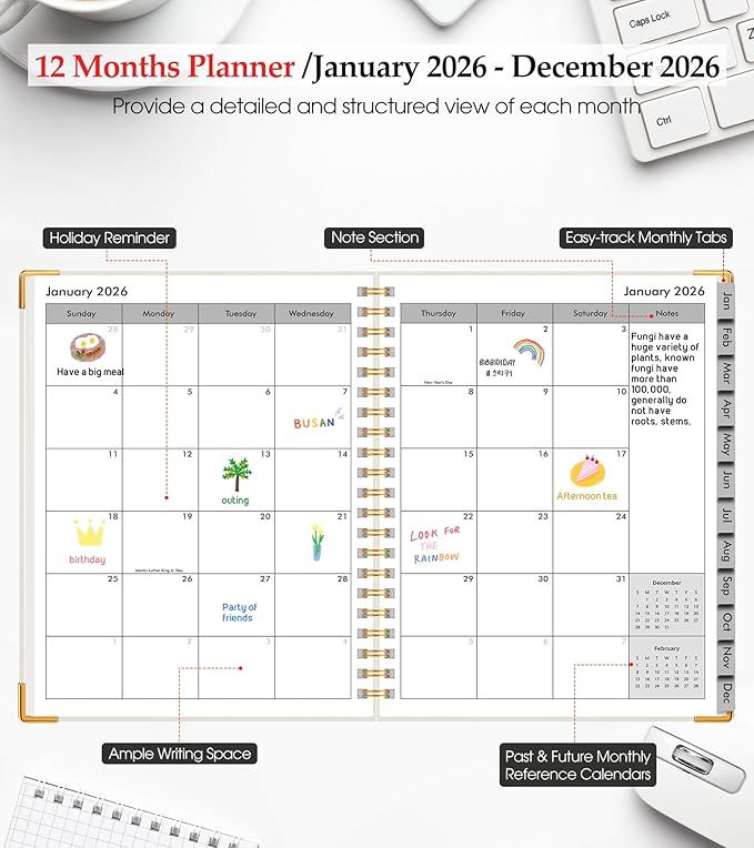 2026 Planner, Weekly and Monthly Calendar Planner from January 2026 - December 2026, 5.75" x 8.38" Hardcover Leather Hourly Appointment Book with Tabs, A5 Spiral Daily Planners for College School Work Home, White
